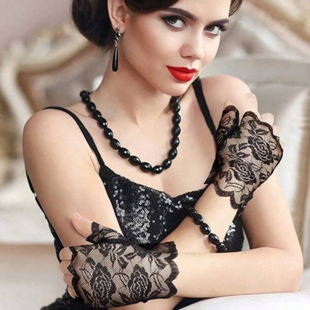 Lace Fingerless Gloves for Women - Black